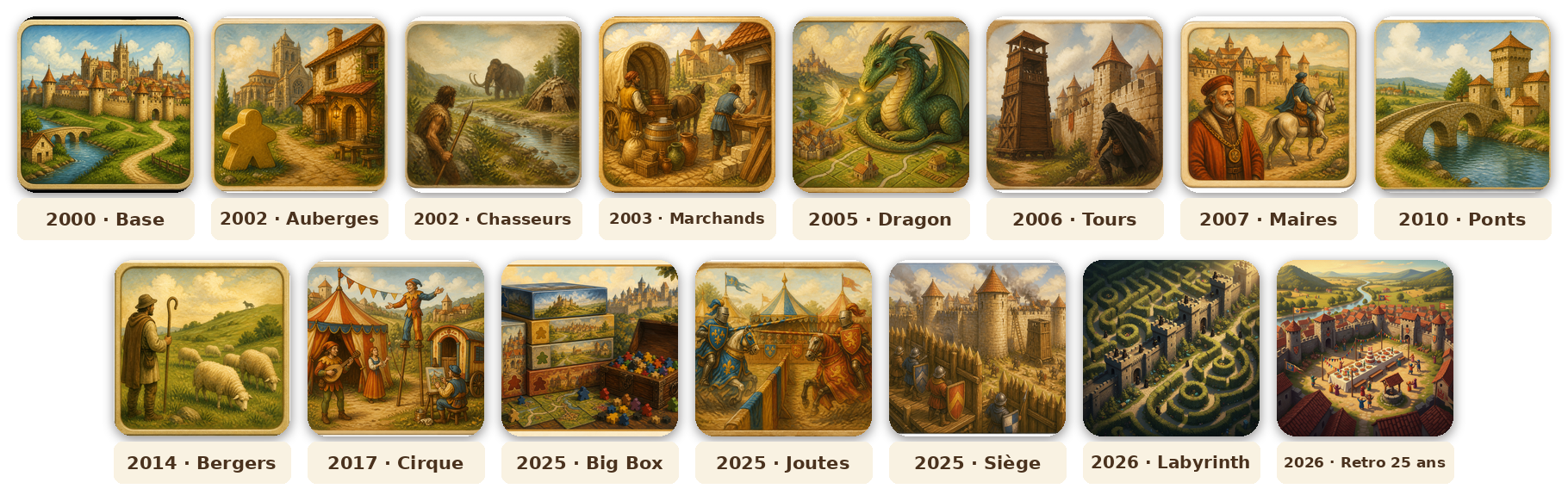 Frise des sorties Carcassonne. 2000 Base, 2002 Auberges, 2002 Chasseurs, 2003 Marchands, 2005 Dragon, 2006 Tours, 2007 Maires, 2010 Ponts, 2014 Bergers, 2017 Cirque, 2025 Big Box, 2025 Joutes, 2025 Siège, 2026 Labyrinth. 2026 Retro 25e anniversaire.
