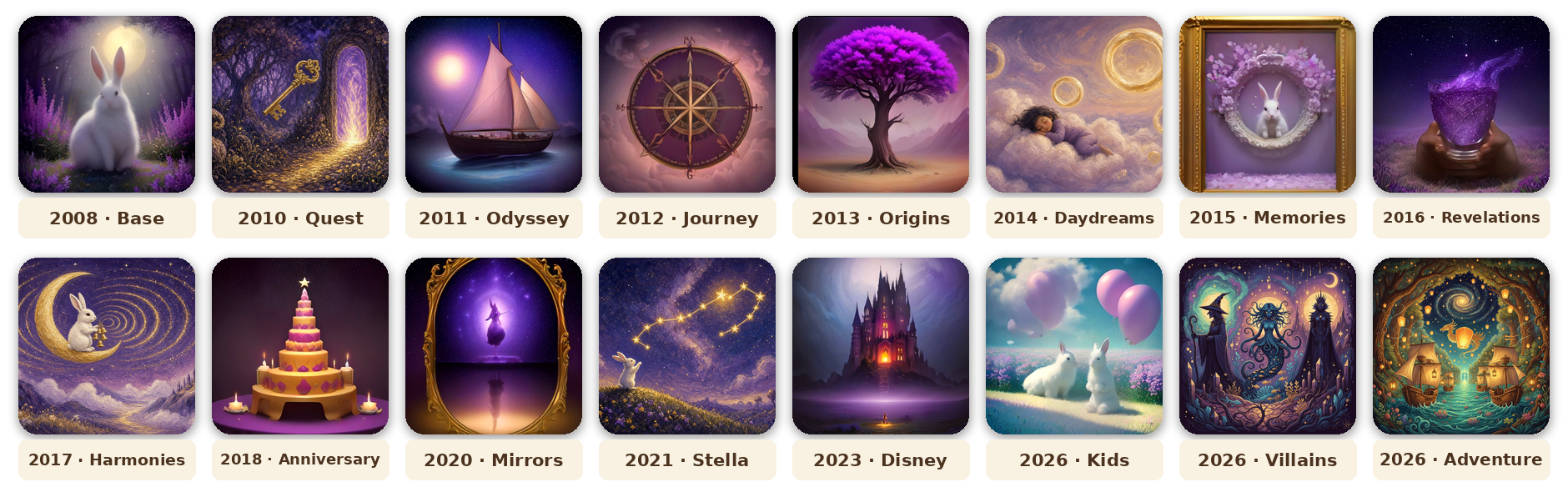 Frise des sorties Dixit. 2008 Base, 2010 Quest, 2011 Odyssey, 2012 Journey, 2013 Origins, 2014 Daydreams, 2015 Memories, 2016 Revelations, 2017 Harmonies, 2018 Anniversary, 2020 Mirrors, 2021 Stella, 2023 Disney, 2026 Kids, 2026 Villains, 2026 Adventure.