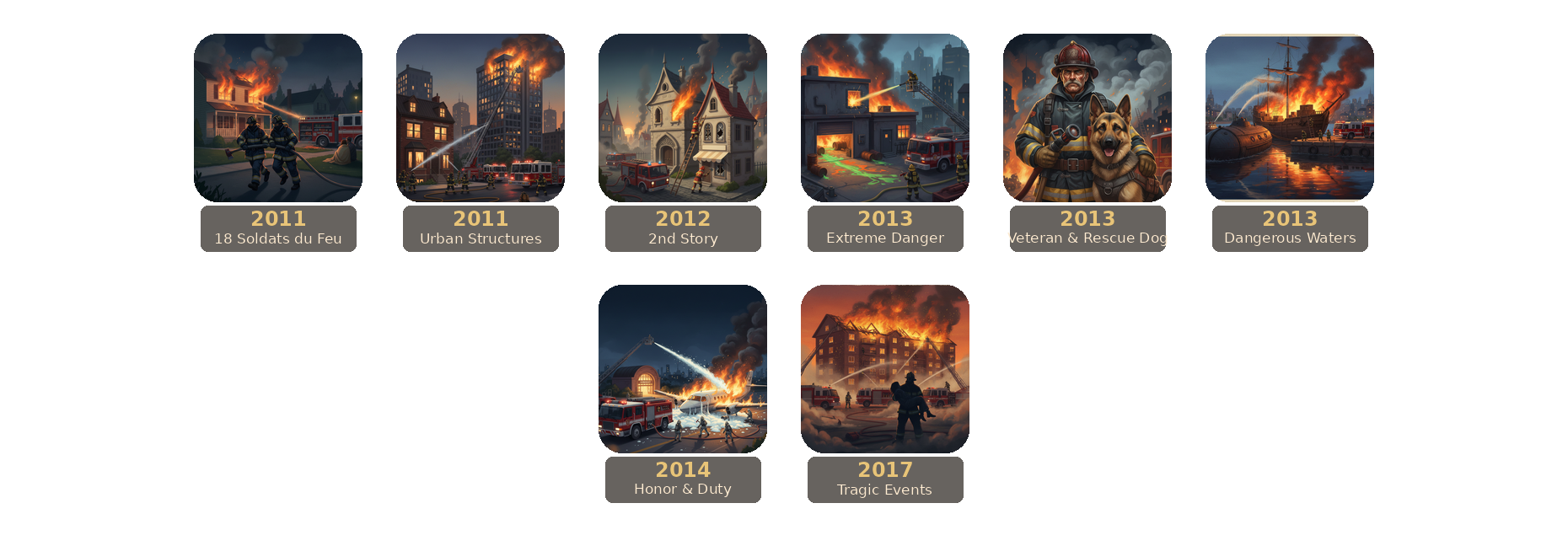Frise des sorties 18 Soldats du Feu et Flash Point. 2011 base 18 Soldats du Feu et Urban Structures, 2012 2nd Story, 2013 Extreme Danger, Veteran & Rescue Dog et Dangerous Waters, 2014 Honor & Duty, 2017 Tragic Events.