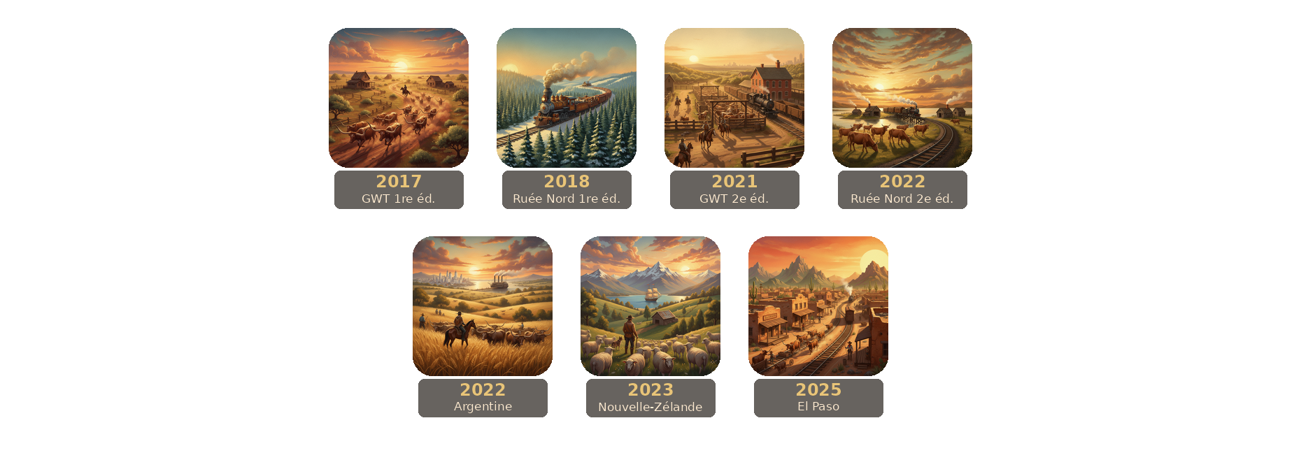 Frise des sorties Great Western Trail. 2017 Great Western Trail 1re édition, 2018 Ruée vers le Nord 1re édition, 2021 Great Western Trail 2e édition, 2022 Ruée vers le Nord 2e édition, 2022 Argentine, 2023 Nouvelle-Zélande, 2025 El Paso.
