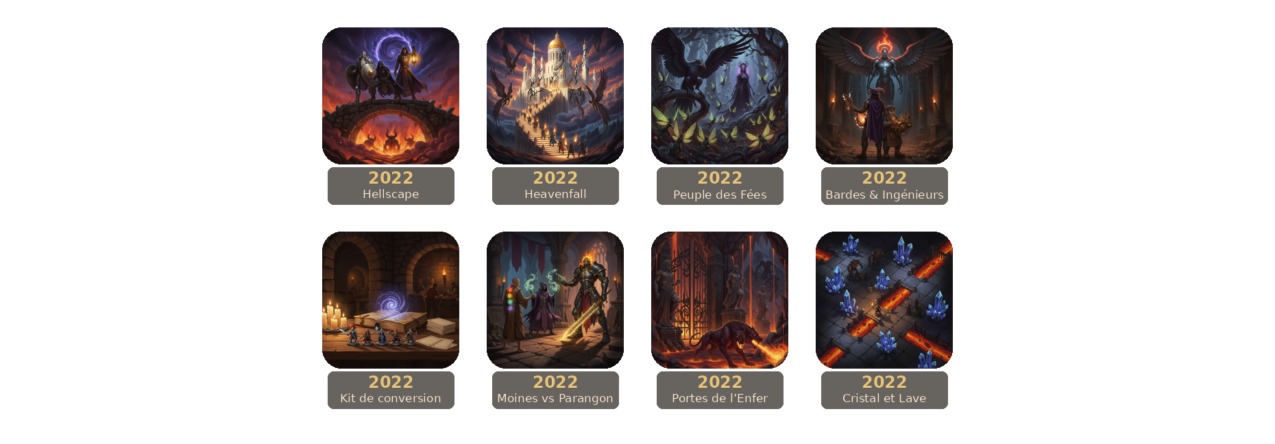 Frise des sorties Massive Darkness 2 en VF, toutes en 2022, de Hellscape à Une Quête de Cristal et de Lave.