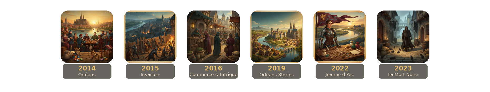 Frise des sorties Orléans. 2014 Orléans, 2015 Invasion, 2016 Commerce et Intrigue, 2019 Orléans Stories, 2022 Jeanne d’Arc, 2023 La Mort Noire.
