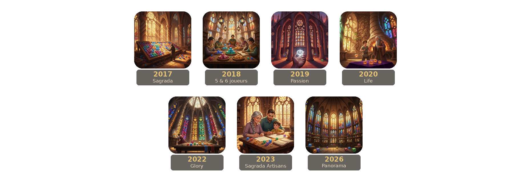 Frise des sorties Sagrada. 2017 Sagrada, 2018 5 et 6 joueurs, 2019 Passion, 2020 Life, 2022 Glory, 2023 Sagrada Artisans, 2026 Panorama.