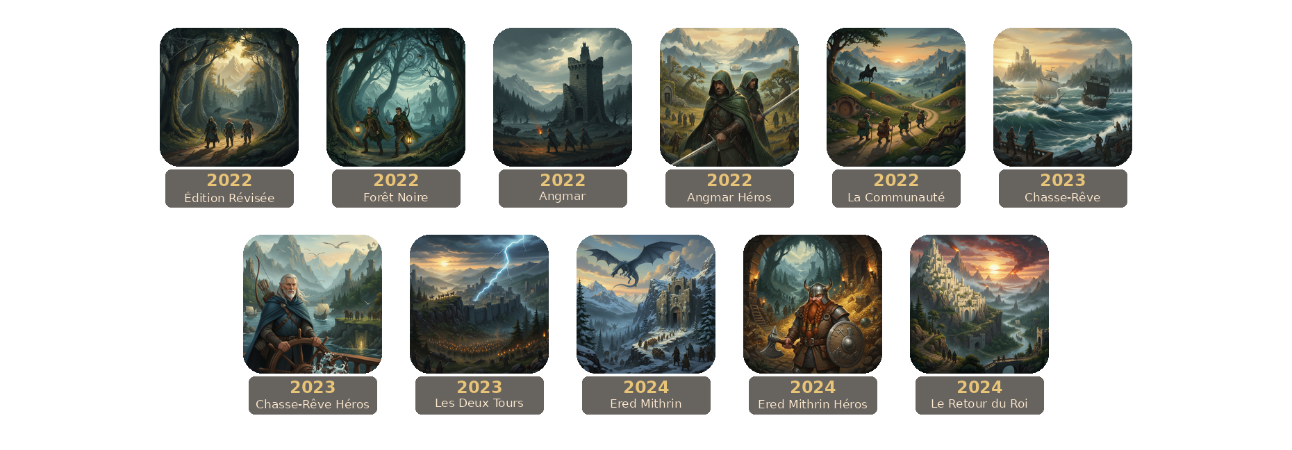 Frise des sorties Le Seigneur des Anneaux JCE. 2022 Édition Révisée, Forêt Noire, Angmar Campagne et Héros, La Communauté de l’Anneau, 2023 Chasse-Rêve Campagne et Héros, Les Deux Tours, 2024 Ered Mithrin Campagne et Héros, Le Retour du Roi.