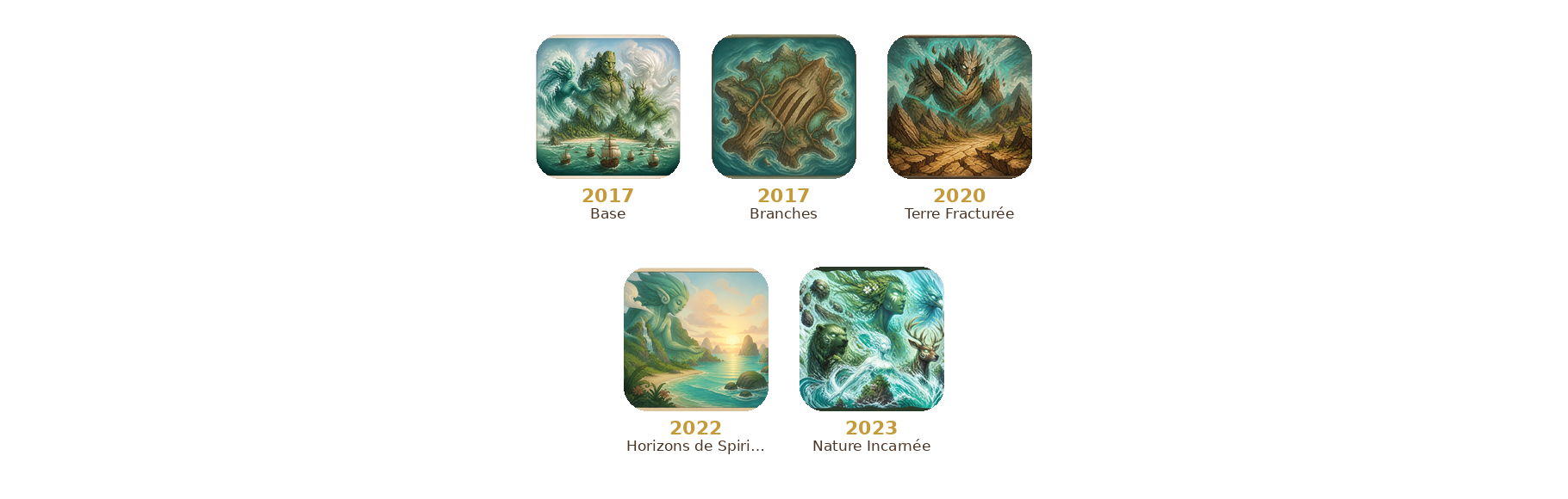 Frise des sorties Spirit Island. 2017 Base, 2017 Branches, 2020 Terre Fracturée, 2022 Horizons, 2023 Nature Incarnée.