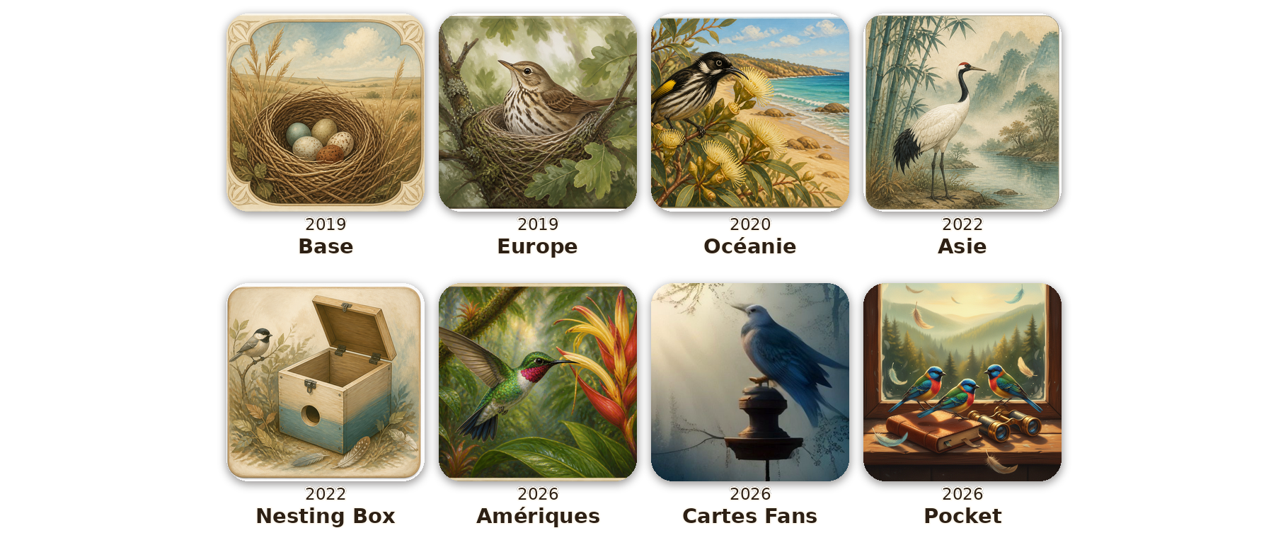 Frise des sorties Wingspan. 2019 Base, 2019 Europe, 2020 Océanie, 2022 Asie, 2022 Nesting Box, 2026 Amériques, 2026 Cartes Fans, 2026 Pocket.